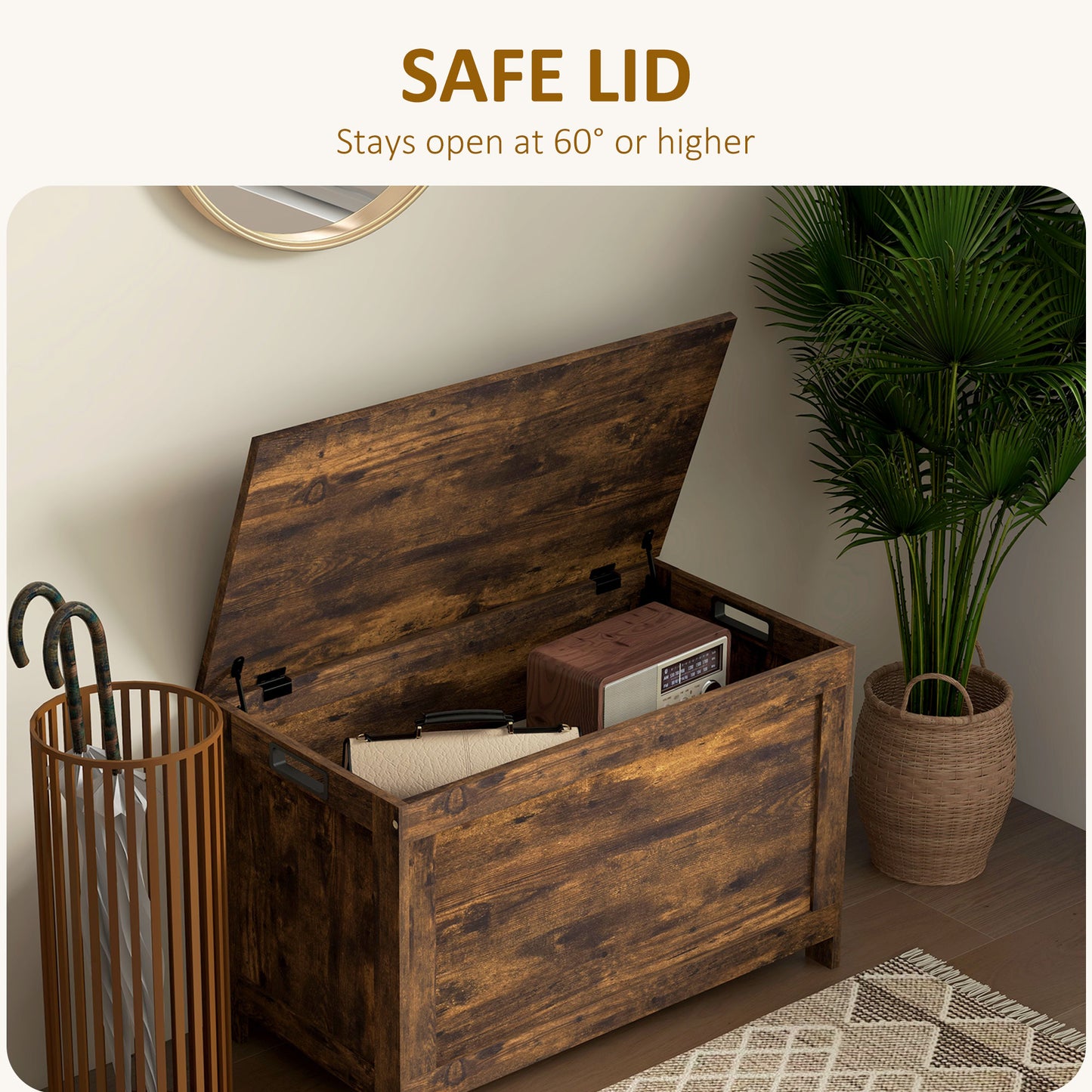 HOMCOM Storage Chest Bench With 2 Safety Hinges And Cut Out Handles Rustic Brown Wooden Toy Box For Living Room