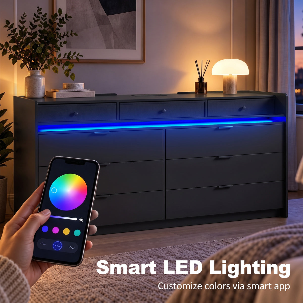 Black 9-drawer TV stand with glowing blue LED strip and smartphone charging