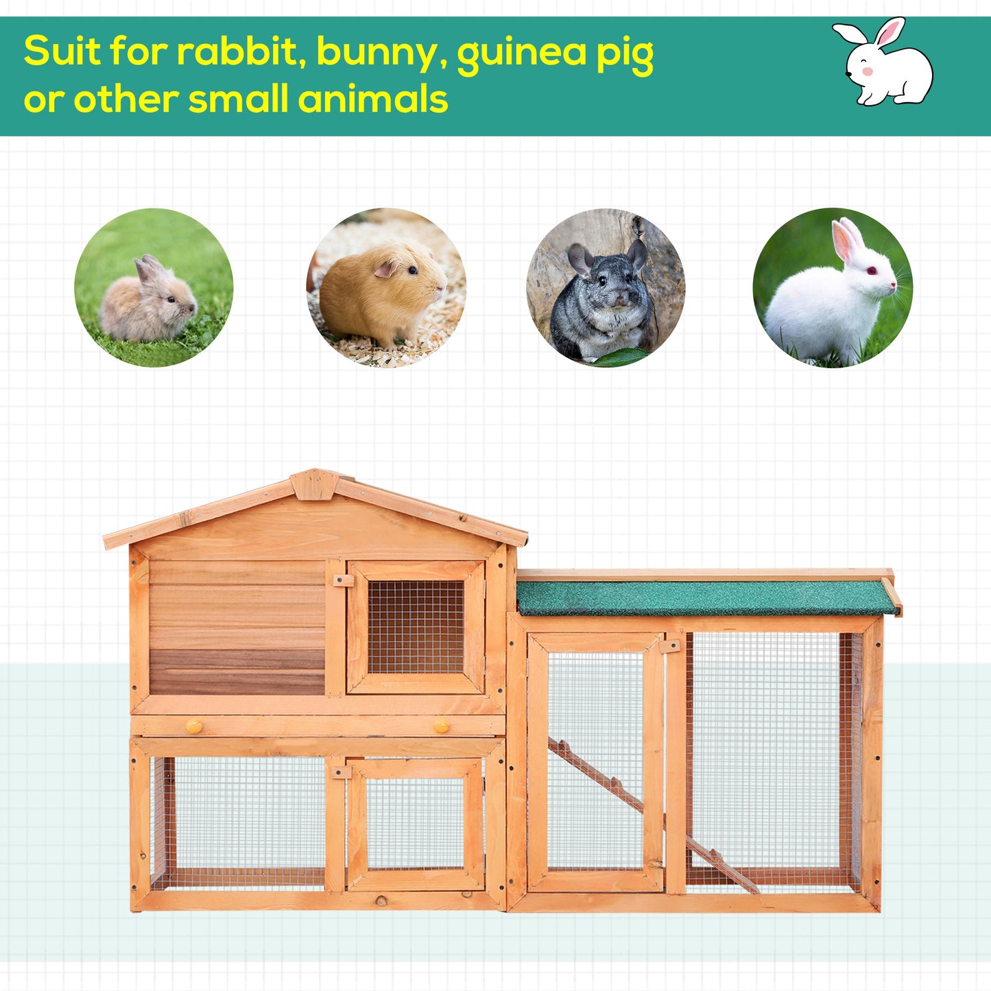 PawHut 2-Story Fir Wood Rabbit Hutch with Ramp and Outdoor Run - Brown - ALL4U RETAILER LTD