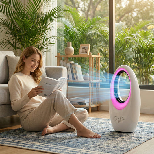 HOMCOM Bladeless Tower Fan Quiet 36dB With 60 Degree Oscillation LED Lights 3 Speeds 7.5H Timer Remote Control