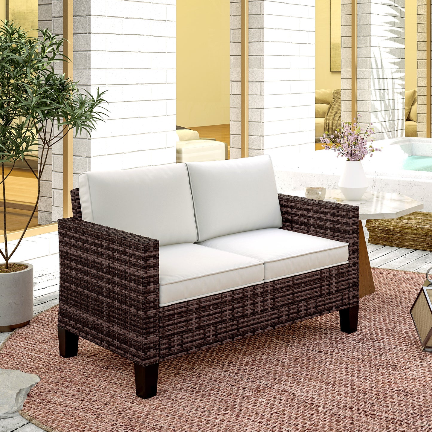 Outsunny Two Seater Rattan Outdoor Sofa Brown With Cushions And Adjustable Feet