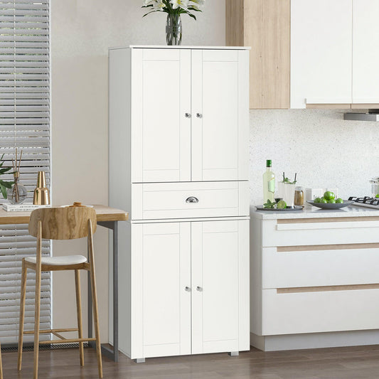 HOMCOM Freestanding Tall Kitchen Cupboard with Drawer and Shelves, White - ALL4U RETAILER LTD