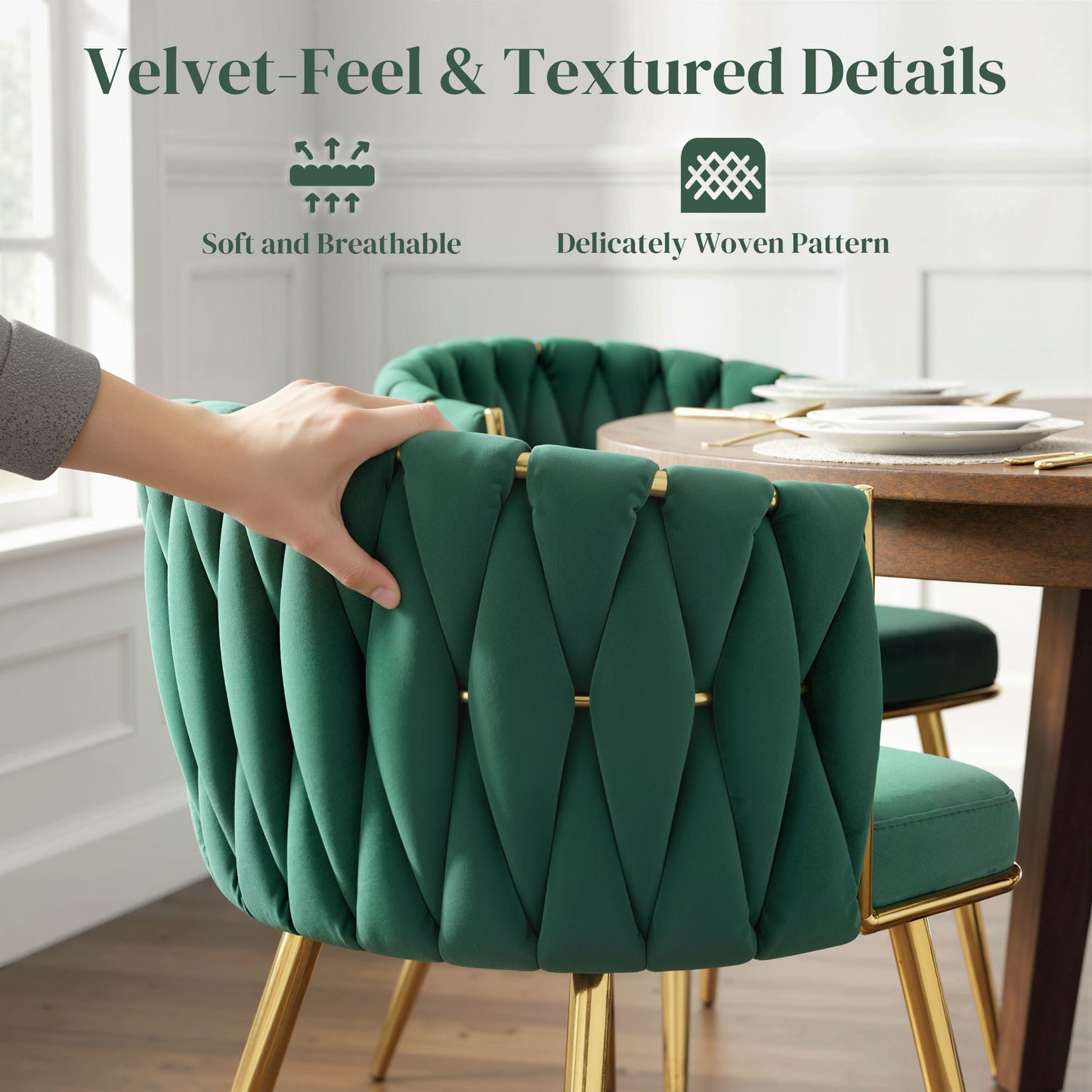 HOMCOM Velvet Feel Dining Chairs Set of 2 Modern Upholstered Armchairs with Knot Design and Golden Legs Dark Green
