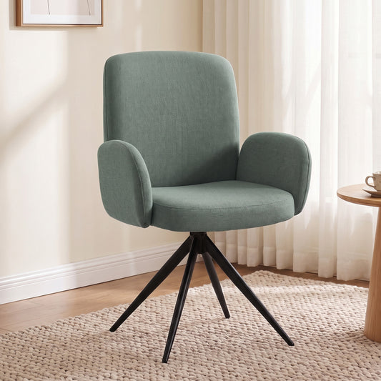 Light green swivel accent chair with curved backrest, armrests, and black tripod legs