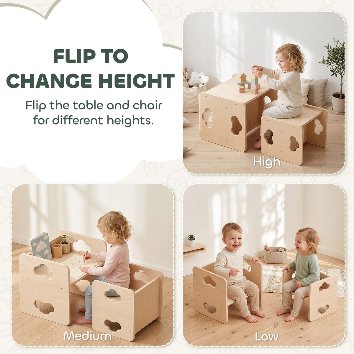 Adjustable-height toddler table and chair set, light wood with animal cutout panels