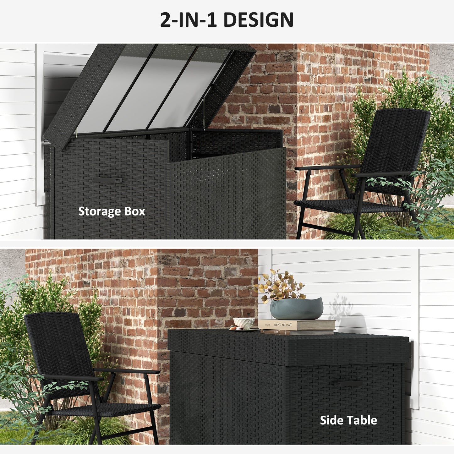 Outsunny 627 L Rattan Garden Storage Box Black With Gas Strut Lift And Steel Frame