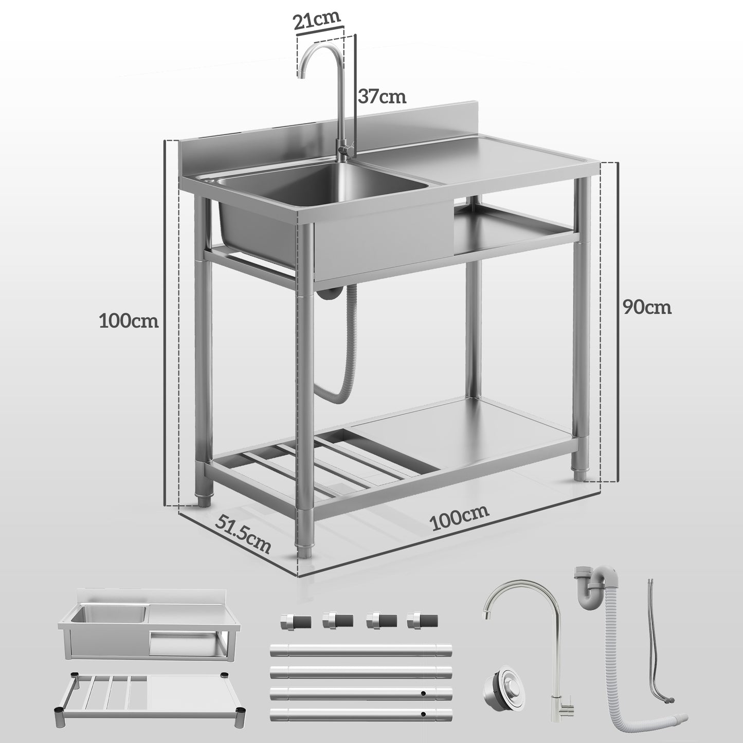 HOMCOM Outdoor Stainless Steel Kitchen Sink Freestanding Single Bowl With Hot And Cold Water Supply And Storage Shelves