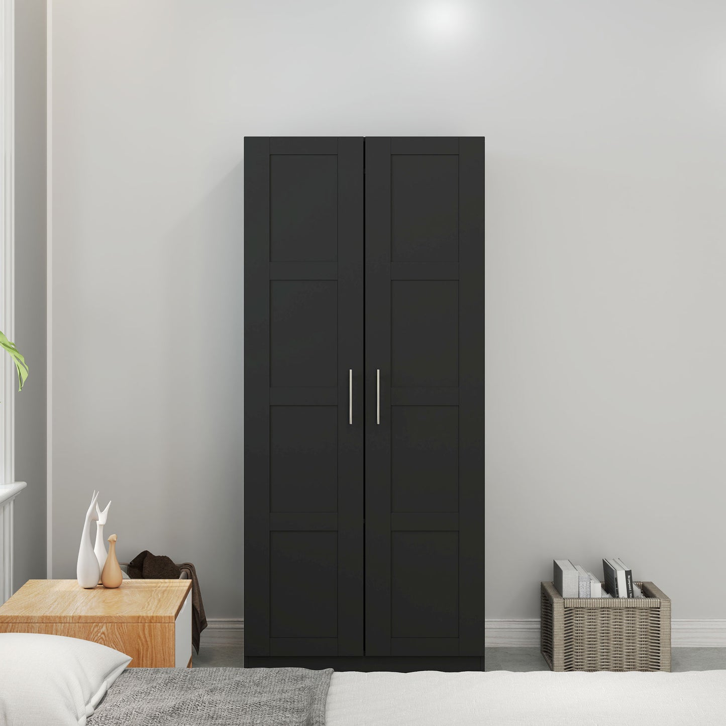 HOMCOM Double Panel Door Wardrobe With Shelves In Black 76cm Hanging Rail And Soft Closing Hinges