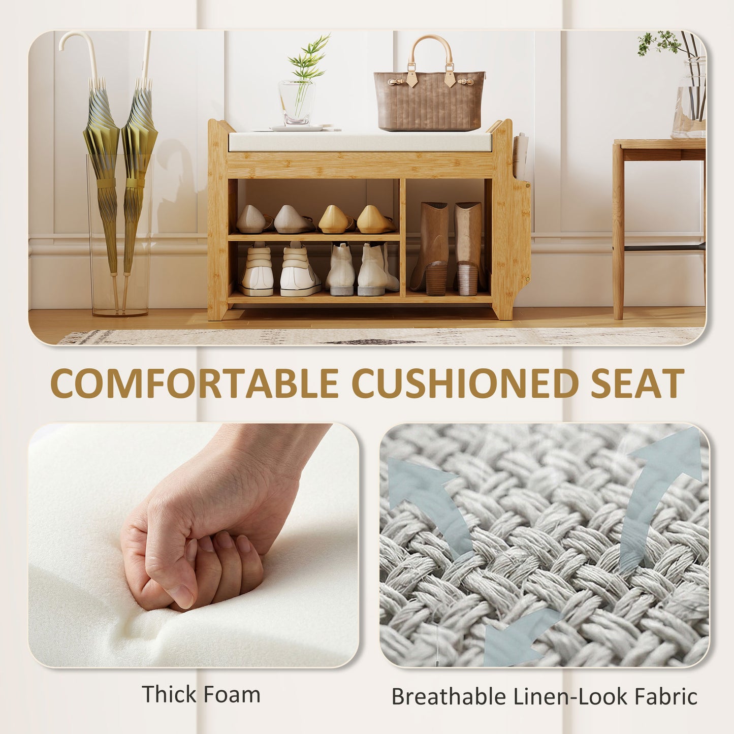 HOMCOM 2 Tier Shoe Bench With Cushioned Seat For Entryway Storage Natural And Cream 100 x 30 x 50 cm