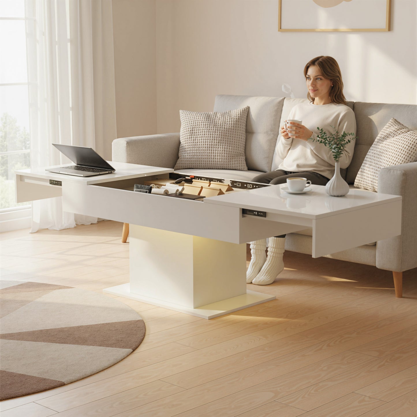 HOMCOM Extendable Coffee Table with LED Lights and Hidden Storage in High Gloss White