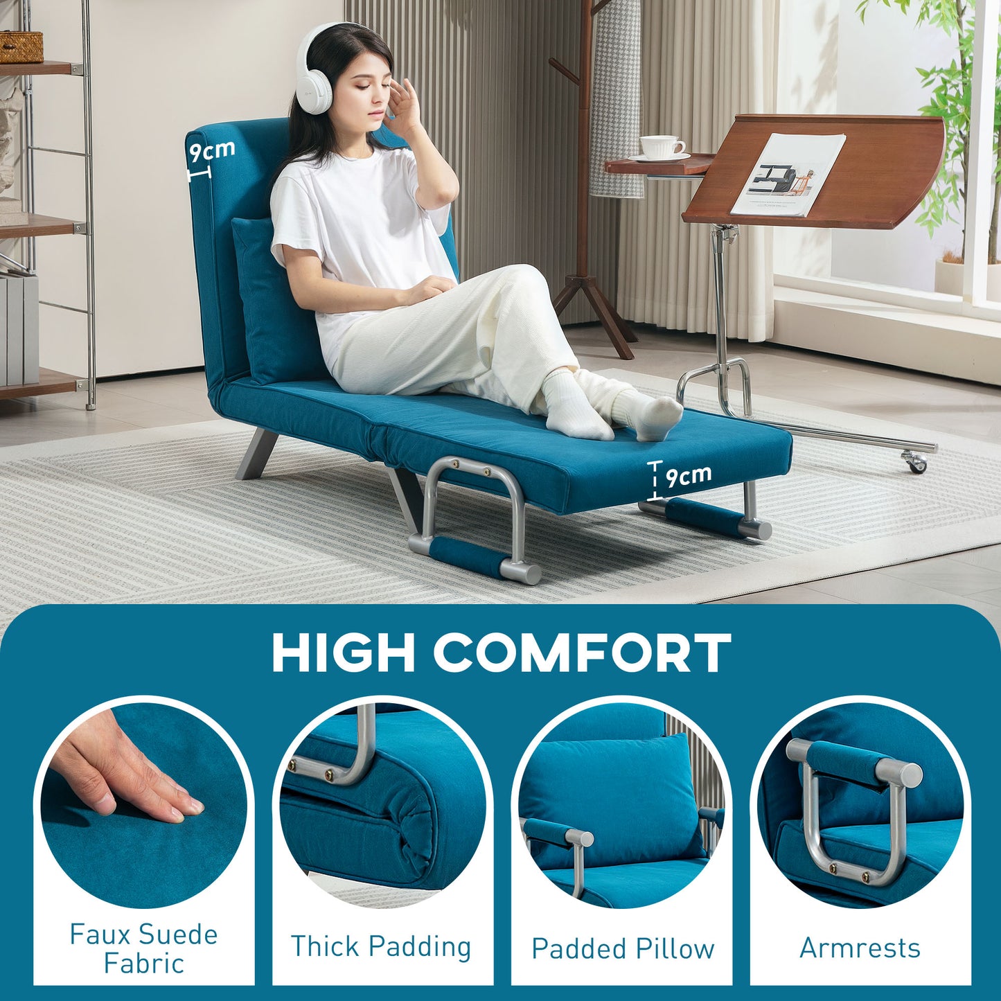 HOMCOM 4 In 1 Faux Suede Chair Bed Blue With Click Clack Design And Five Position Adjustable Back