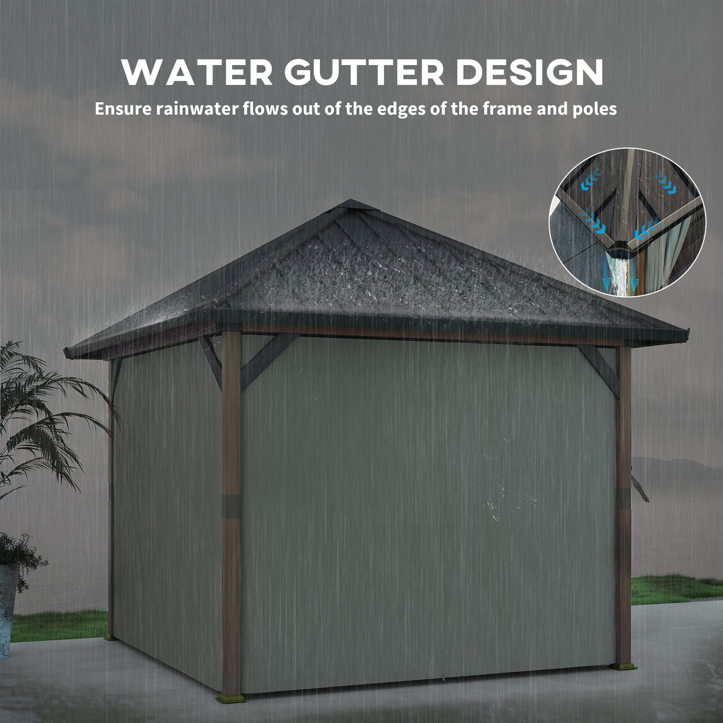 Outsunny 3x3m Hardtop Gazebo With Galvanised Roof Water Gutter Netting And Curtains For Patio Deck Walnut Wood Finish