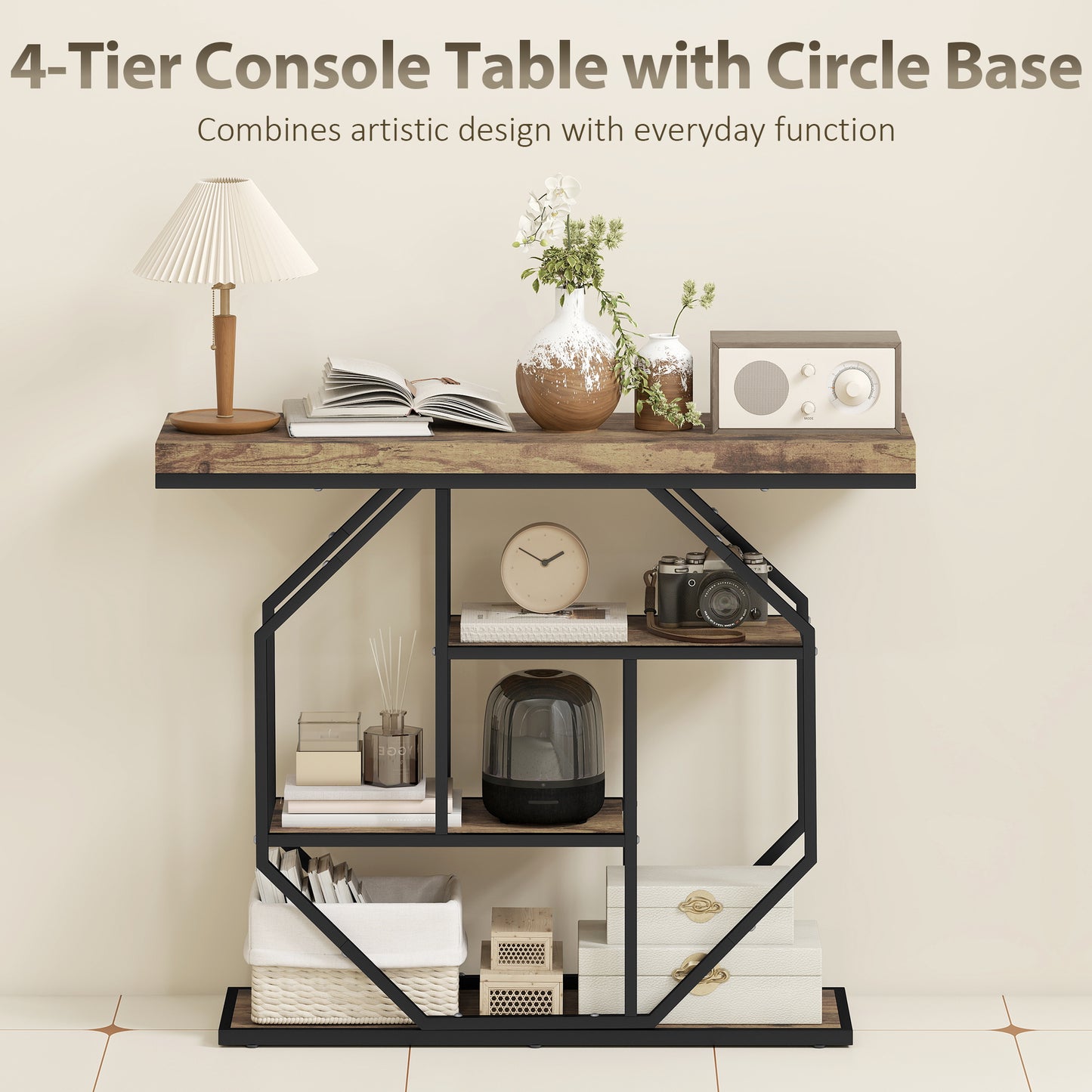HOMCOM 4-Tier Industrial Console Table With Storage In Rustic Brown Finish For Entryways Hallways And Living Spaces