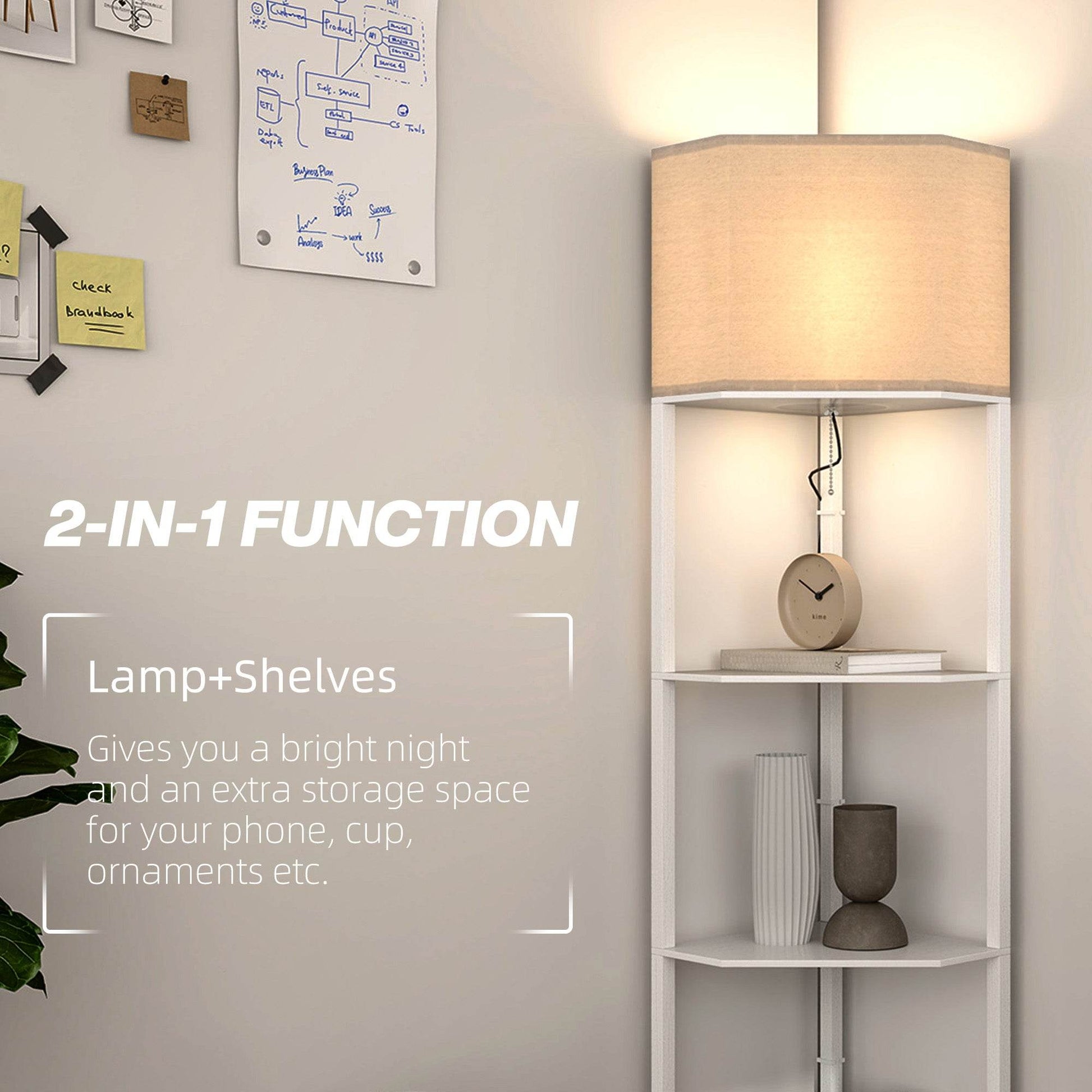HOMCOM Triangular Corner Floor Lamp with Shelving, Stylish Tall Light for Living Spaces, Pull Chain Operation, White Finish - ALL4U RETAILER LTD