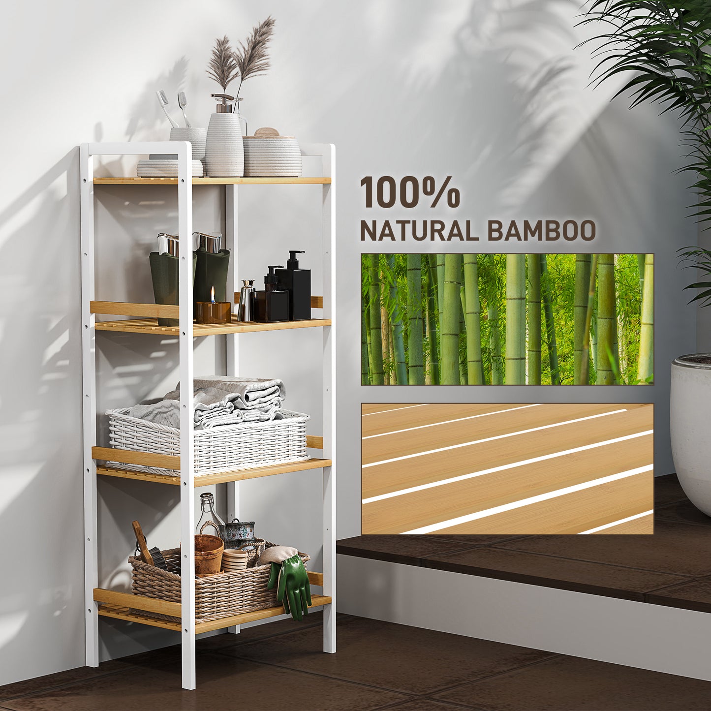 HOMCOM Four Tier Bamboo Adjustable Storage Shelf Unit for Bathroom and Home Organization with Seven Level Adjustments