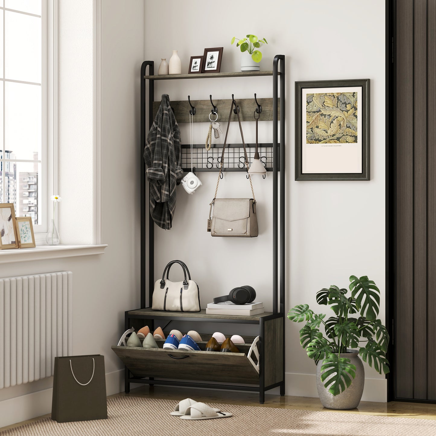 HOMCOM 5 In 1 Industrial Style Hallway Tree Grey Black Coat Rack Bench And Shoe Storage