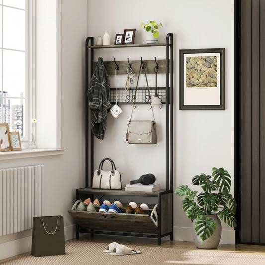 HOMCOM 5 In 1 Industrial Style Hallway Tree Grey Black Coat Rack Bench And Shoe Storage