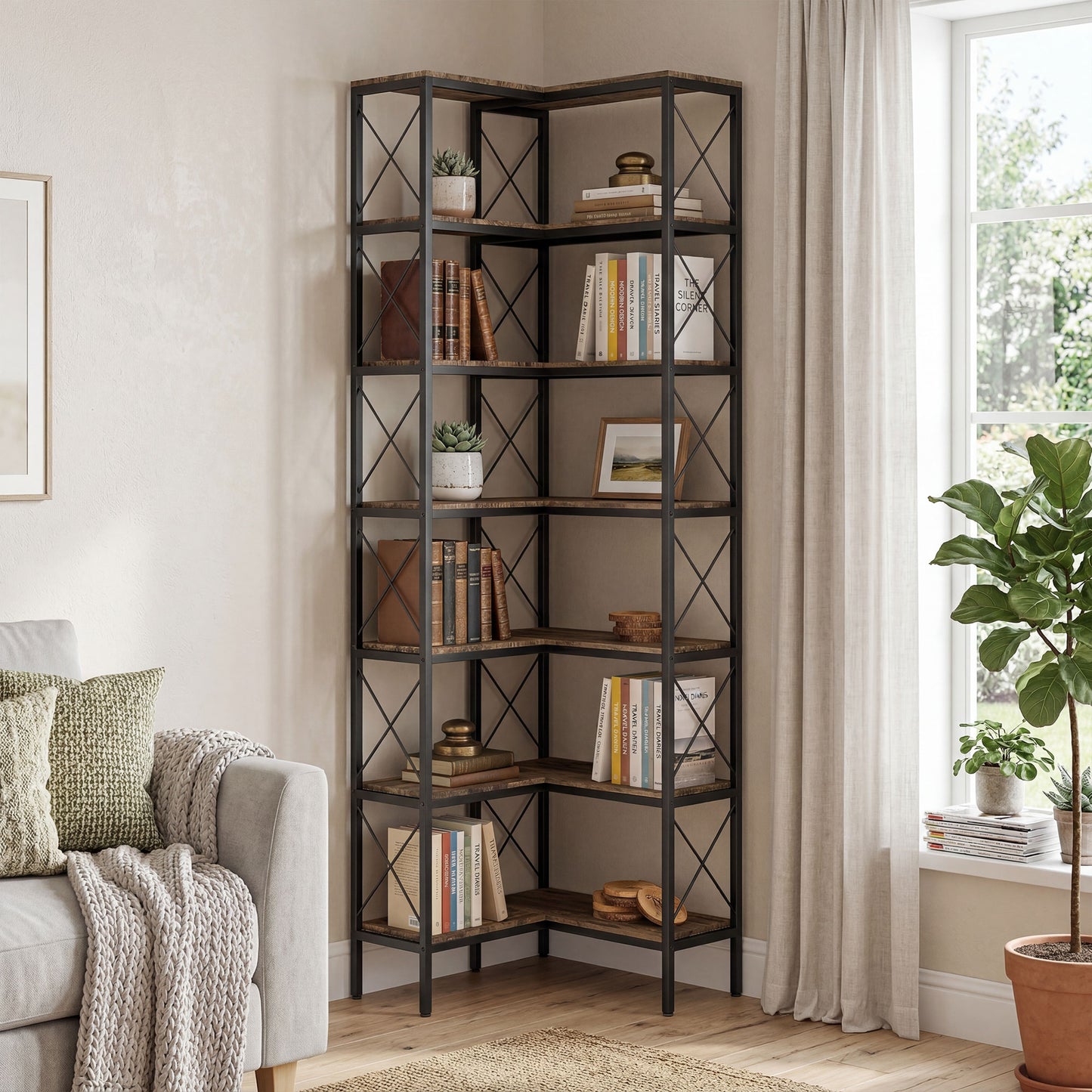 HOMCOM 200 cm Industrial 6 Tier L Shaped Bookshelf Freestanding Corner Bookcase With Metal Frame Rustic Brown Finish