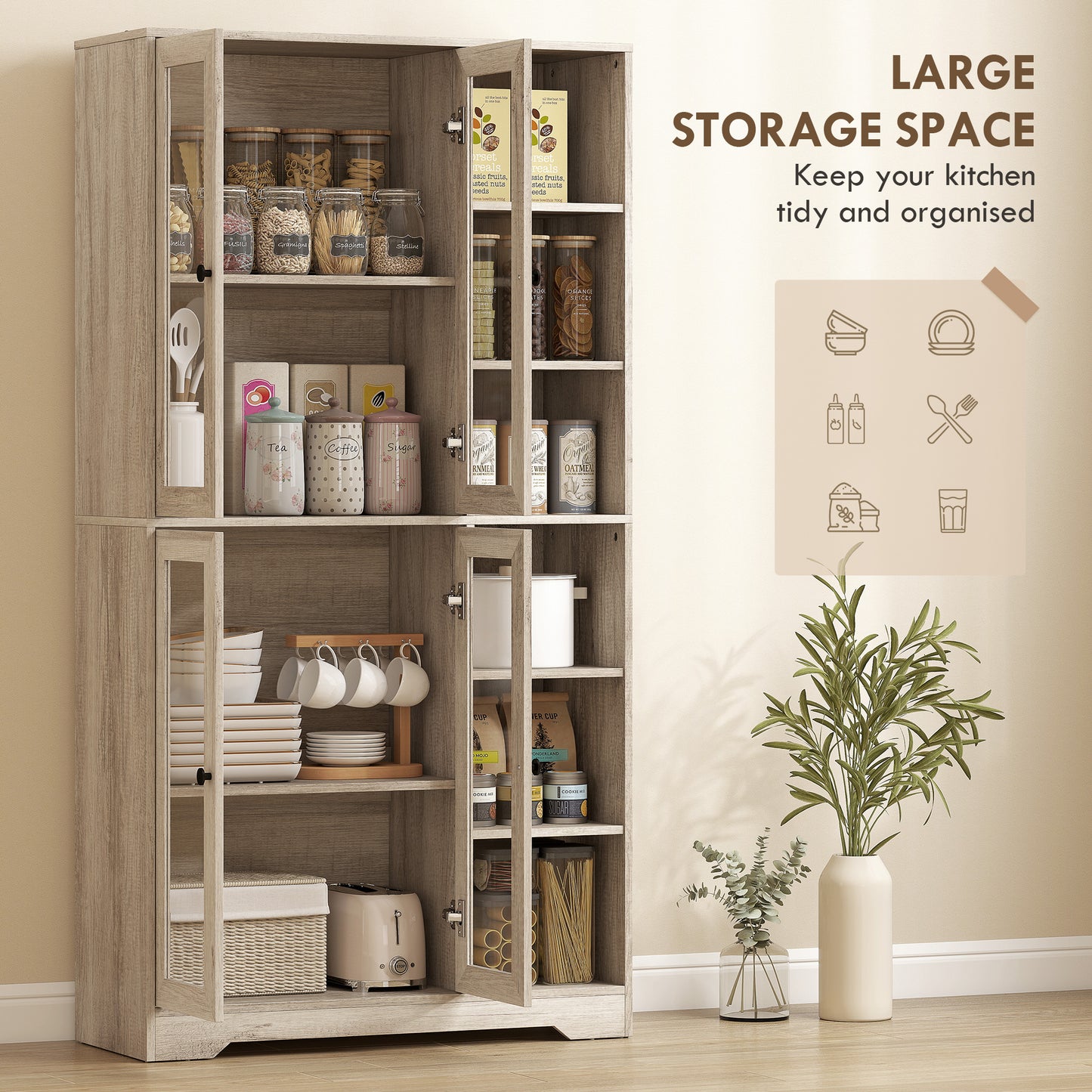 Homcom Multi Storage Kitchen Cabinet With Glass Doors Grey Wood Effect Soft Close Hinges Adjustable Shelves
