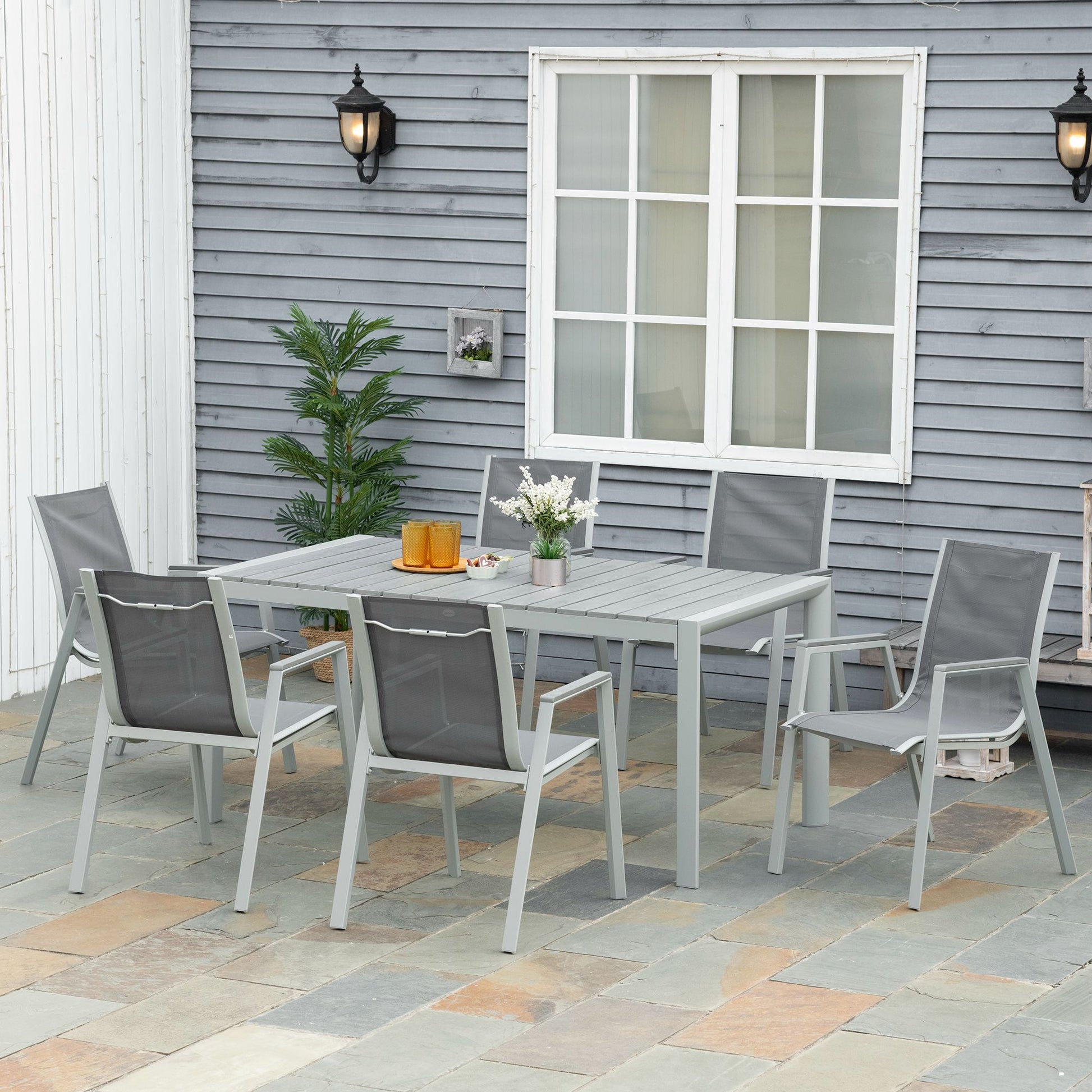 Outsunny Light Grey 7-Piece Outdoor Dining Set with Slatted Wood Grain Table and Mesh Fabric Chairs - ALL4U RETAILER LTD