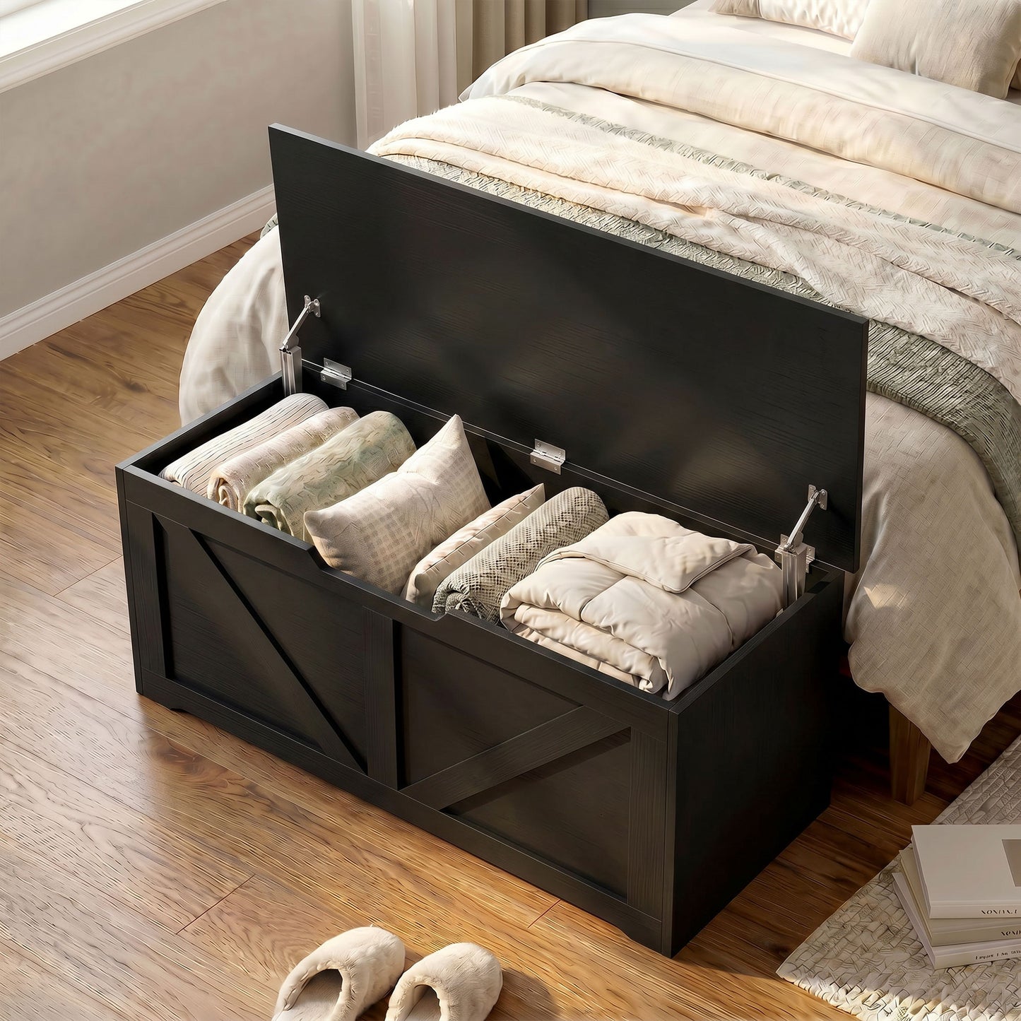 HOMCOM 127L Storage Box with Safety Hinges and Sit on Lid in Black Wood Effect Plus