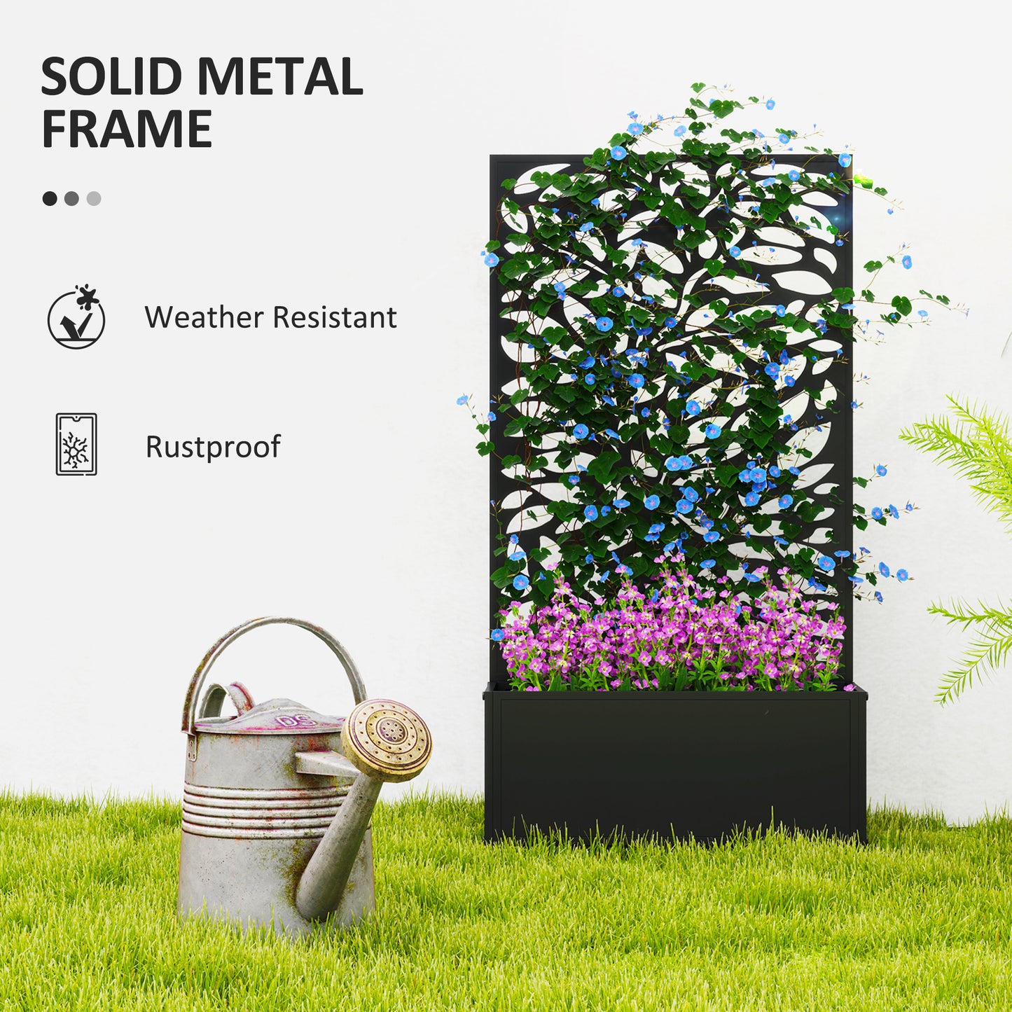 Outsunny Outdoor Metal Planter With Back Trellis Black Powder Coated 23 x 58 cm 32L Soil Capacity