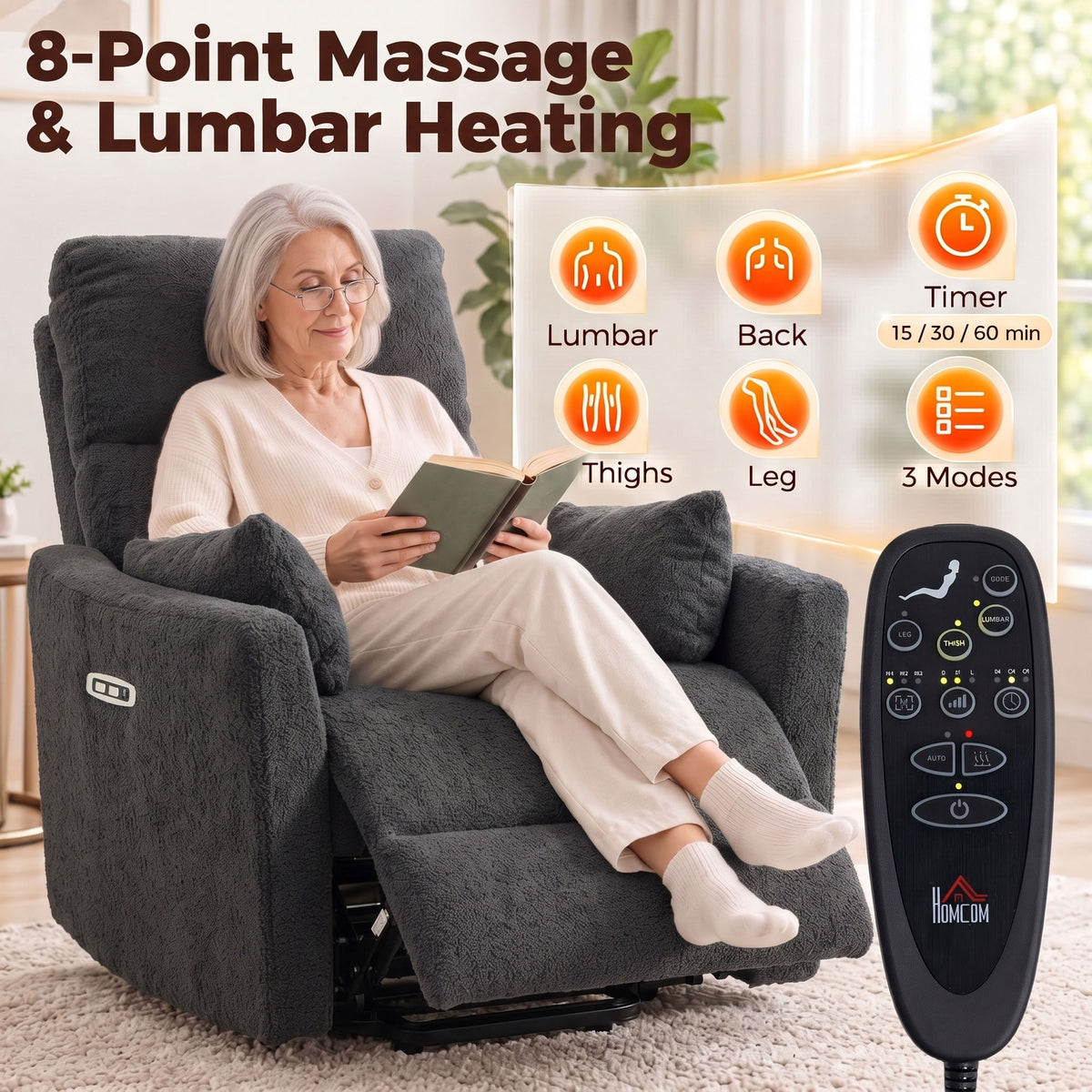 HOMCOM Electric Lift Recliner Chair with Massage and Heat Teddy Fleece Dark Grey