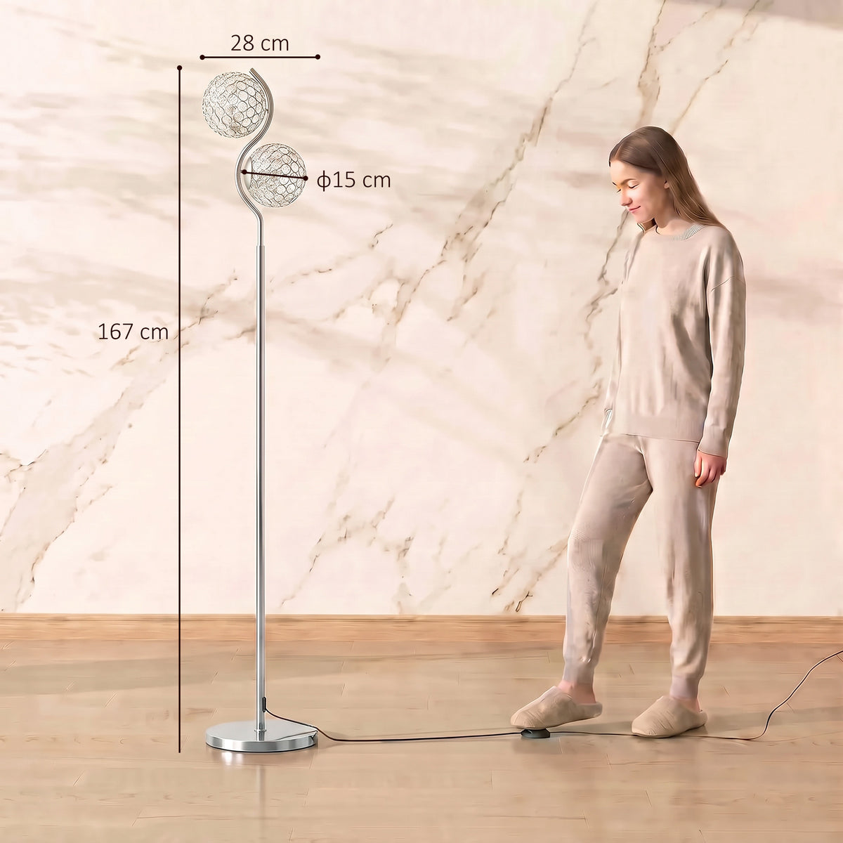 Tall silver dual-globe floor lamp with two crystal shades and round weighted base.