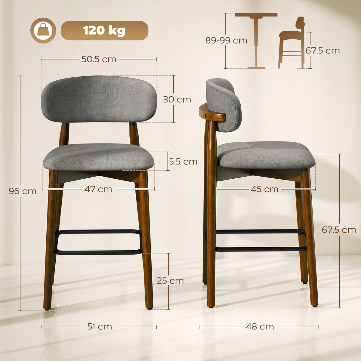 Grey bar stools with curved backrest and seat, showing dimensions and height