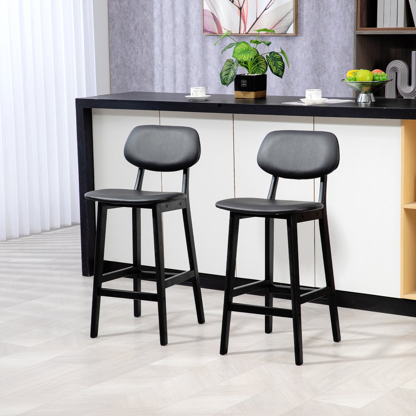 HOMCOM Modern Bar Stool Set of 2, Stylish Faux Leather Kitchen Seating with Wooden Legs and Backrests, Black - ALL4U RETAILER LTD