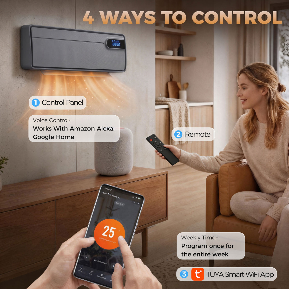 Wall-mounted heater controlled via phone app and remote, with digital display