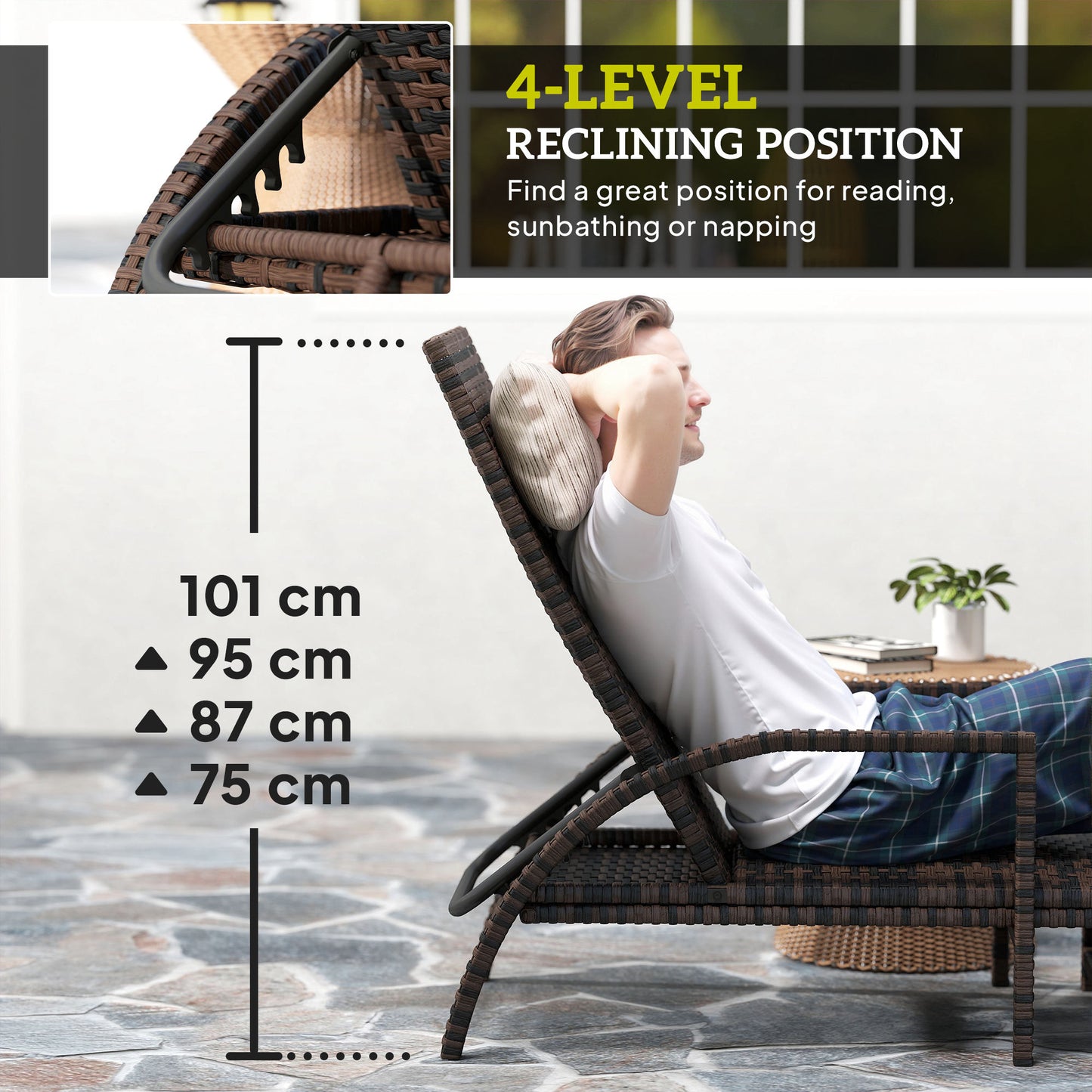 Outsunny Reclining Rattan Lounger With Extending Footrest Brown Outdoor Sun Lounger With Adjustable Backrest