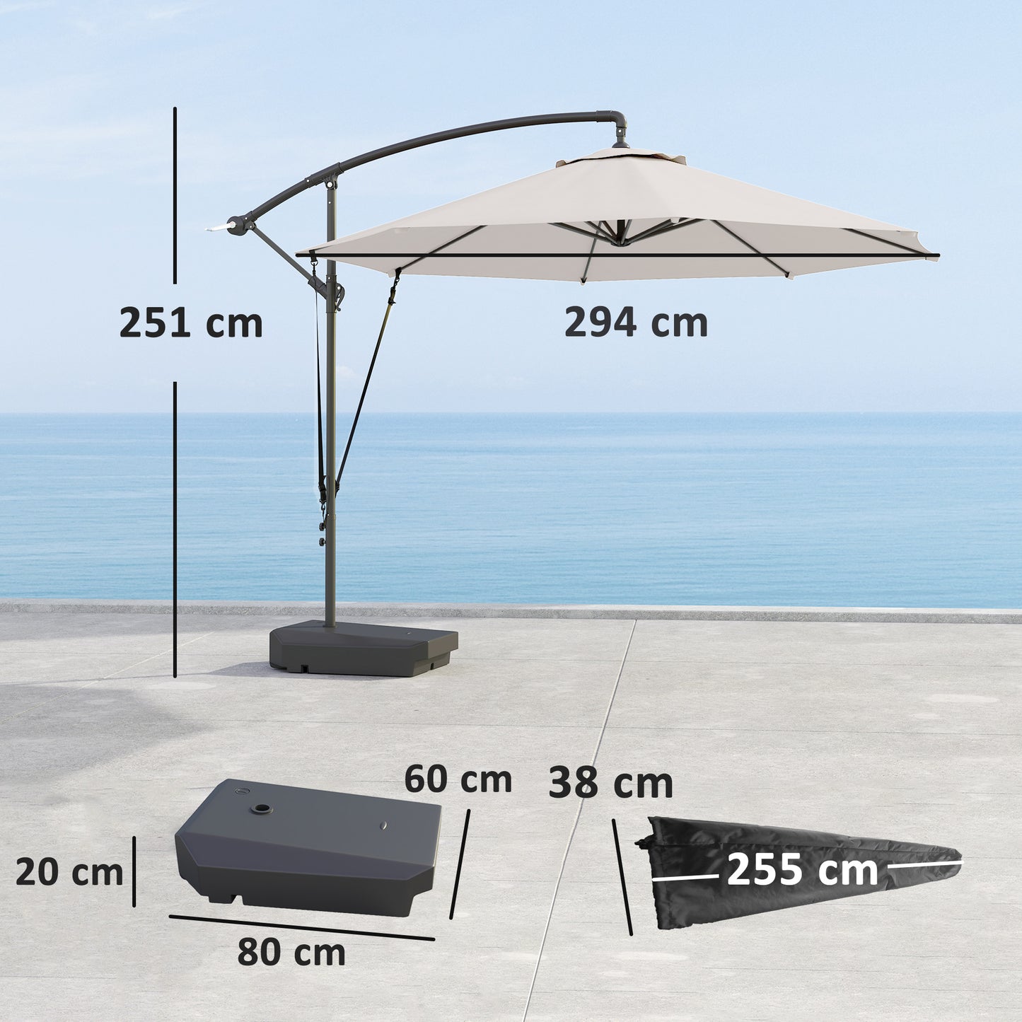 Outsunny 3m Garden Cantilever Parasol With Fillable Base Up To 90kg, Crank Tilt, Wind Straps, UPF50+ Cream, Cover
