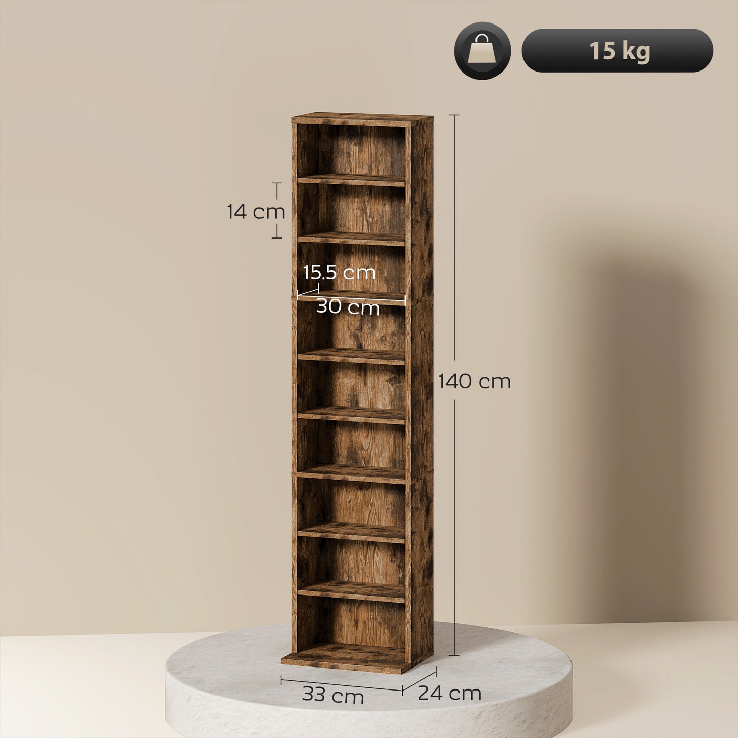 HOMCOM 260 Narrow CD Storage Unit Rustic Brown With Six Adjustable Shelves Holds Up To 260 CDs Or 120 DVDs Anti Tip