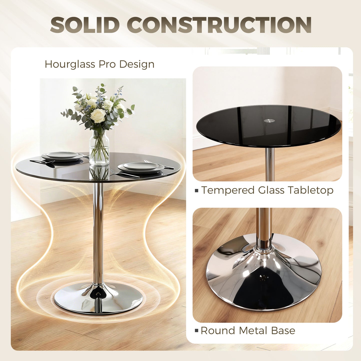 HOMCOM Round Bar Table Modern Dining Table With Tempered Glass Top And Steel Frame For Four 80 x 80 x 77 cm Black