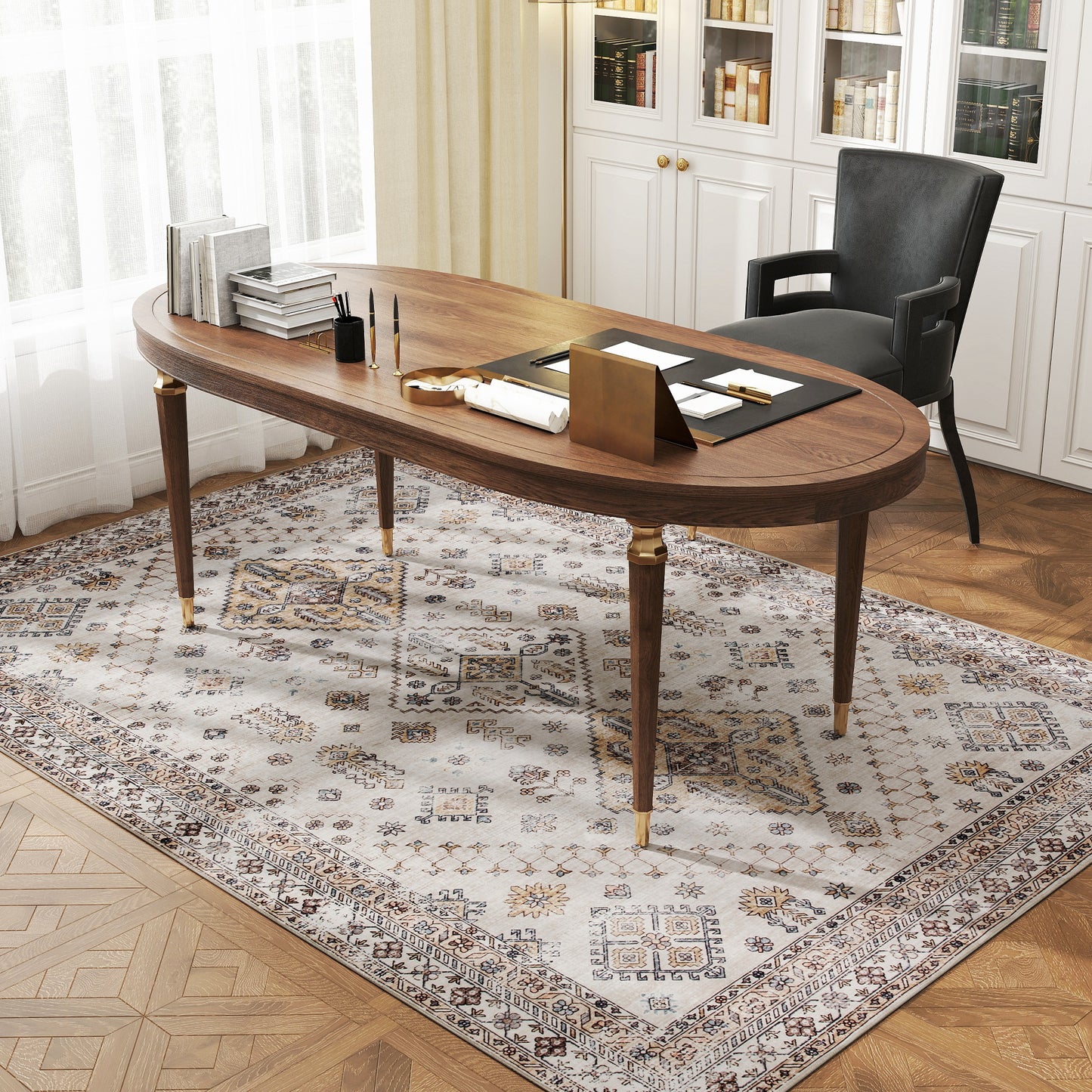 HOMCOM Vintage Area Rug Non Slip Washable Flannel Floor Carpet For Living Room Bedroom Dining Room 230x160 Cm Beige