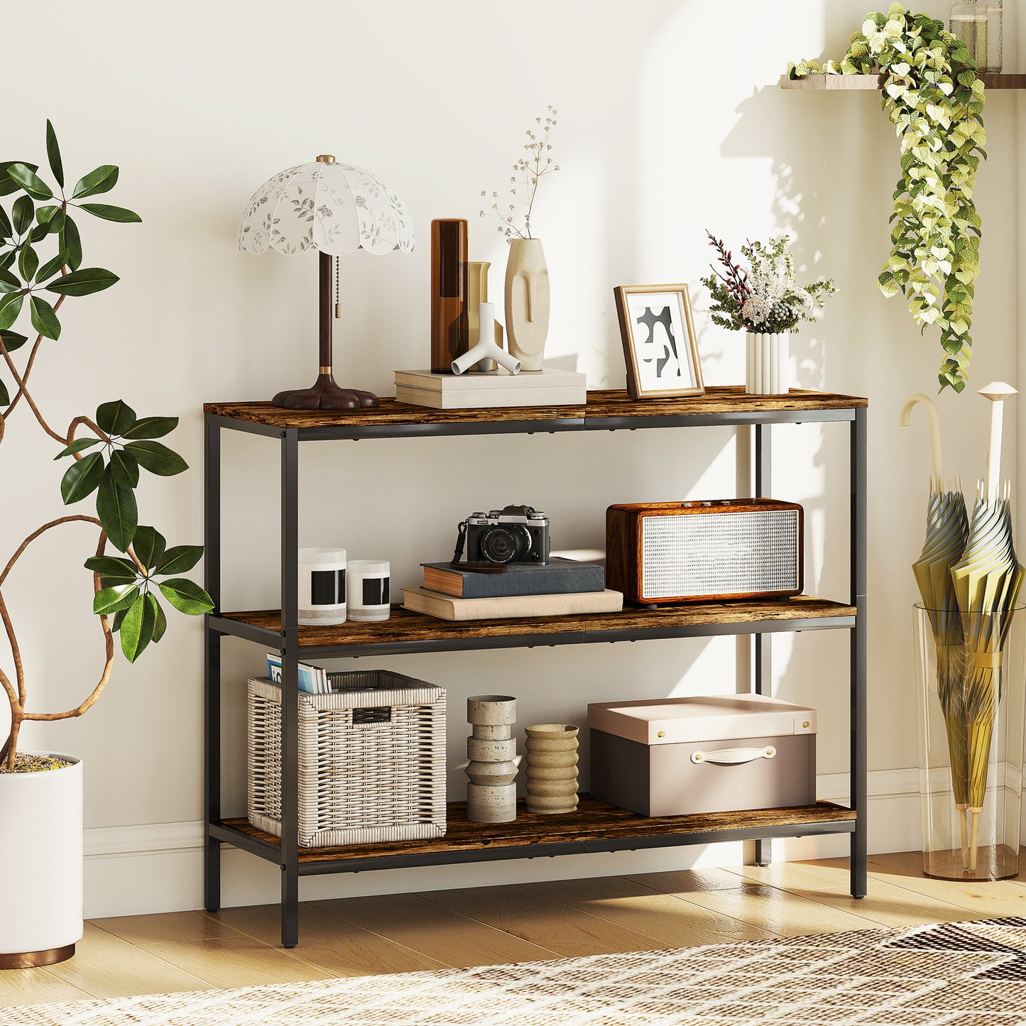 HOMCOM Rustic Brown 3 Tier Console Table With Storage Shelves For Entryway Industrial Black Frame