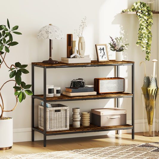 HOMCOM Rustic Brown 3 Tier Console Table With Storage Shelves For Entryway Industrial Black Frame