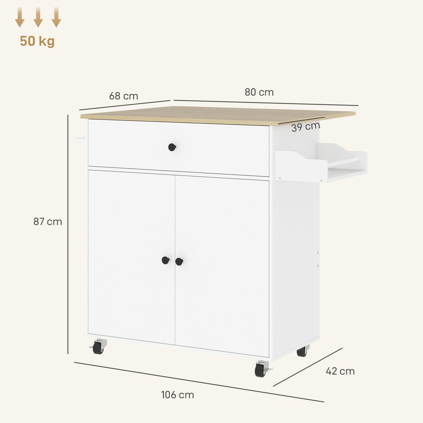 HOMCOM Rolling Kitchen Island With Drop Leaf And Extendable Counter White Cart With Drawer Spice Rack And Towel Rack