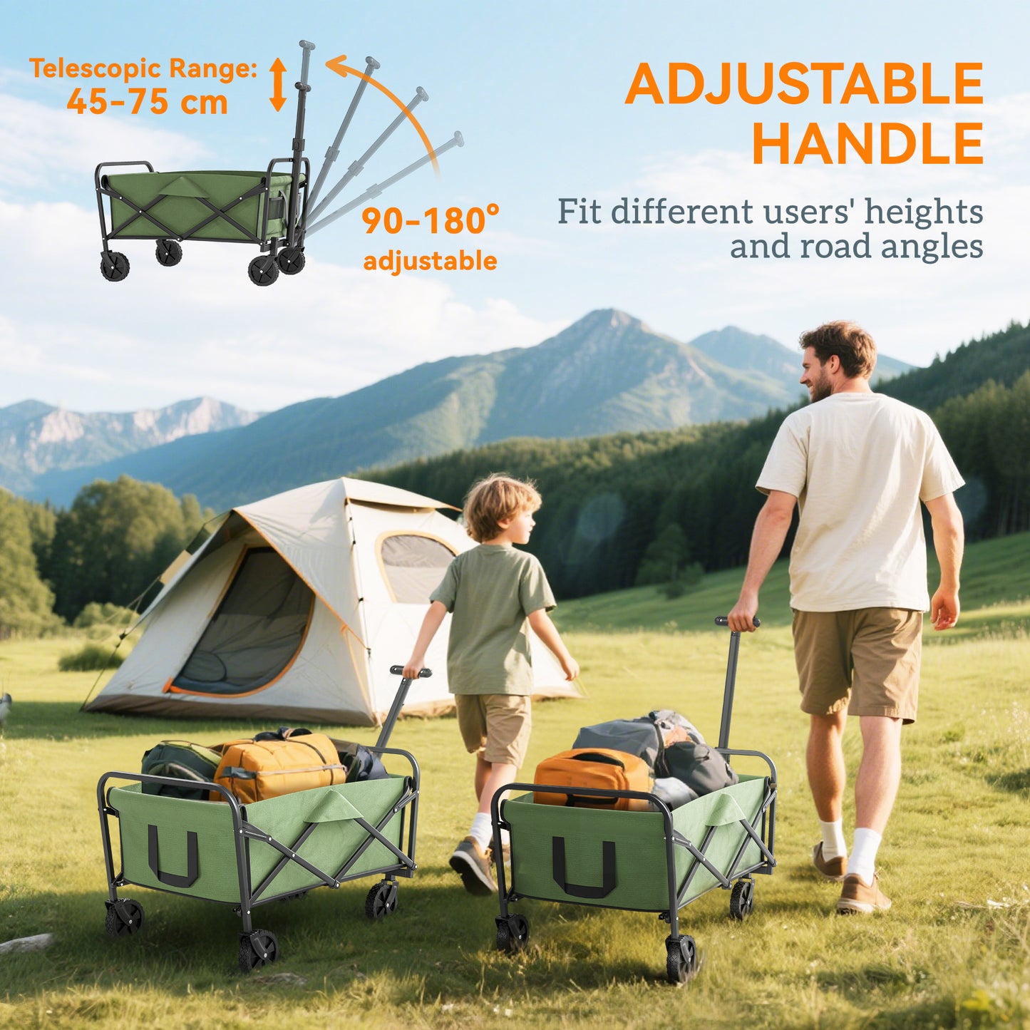 Outsunny 62L Festival Trolley On Wheels Garden Folding Cart Adjustable Handle 120Kg Heavy Duty Collapsible Wagon