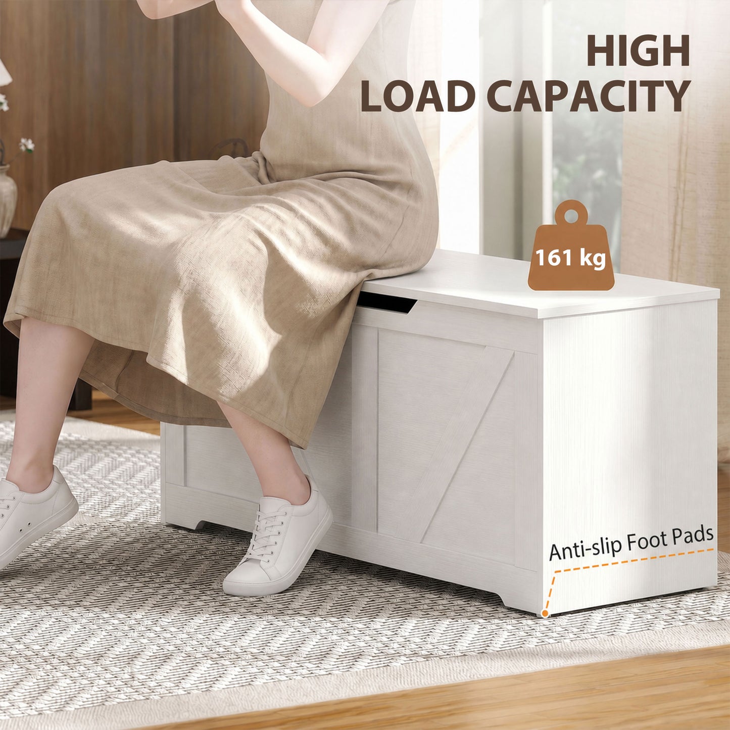 HOMCOM 127L Home Storage Trunk With Safety Hinges White Wood Effect Spacious Blanket Box And Seat