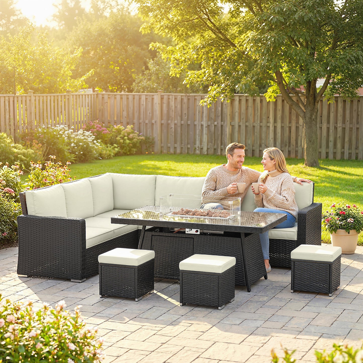 Outsunny 7 Piece PE Rattan Garden Furniture Set With 50,000 BTU Gas Fire Pit Table Double Corner Sofa And 3 Footstools