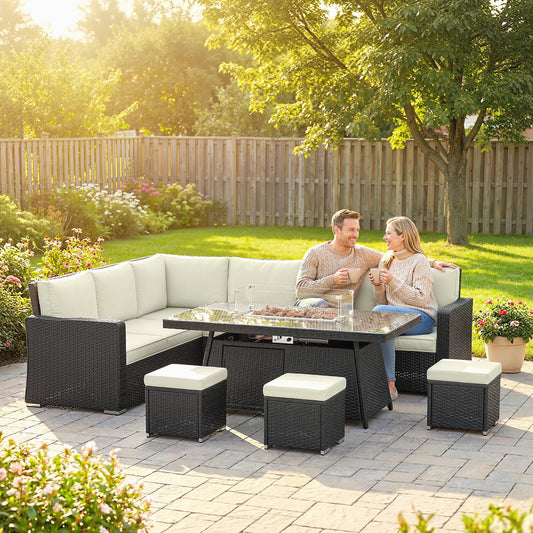 Outsunny 7 Piece PE Rattan Garden Furniture Set With 50,000 BTU Gas Fire Pit Table Double Corner Sofa And 3 Footstools