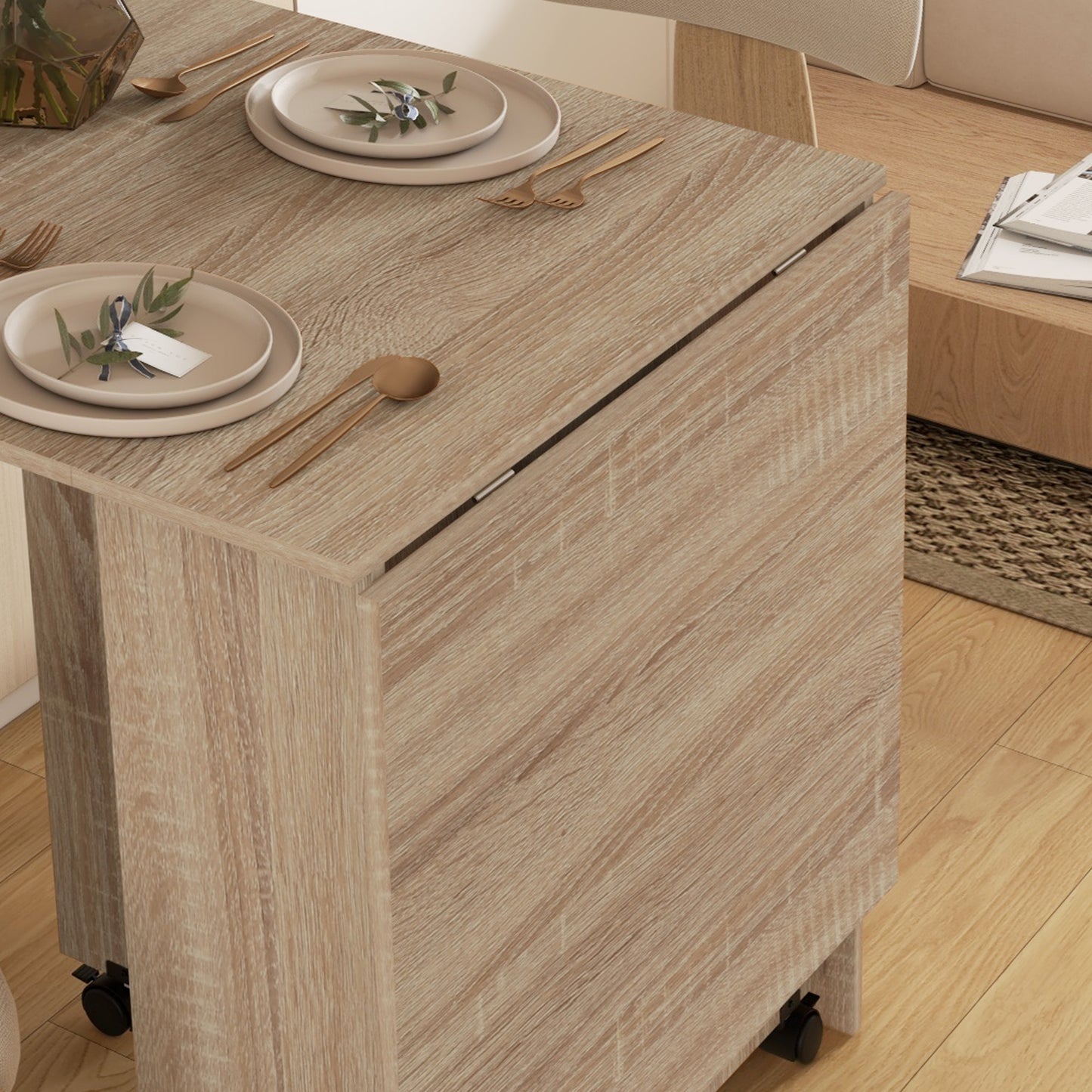 HOMCOM Folding Dining Table Set With Storage Shelves And Velvet Upholstered Chairs Natural Wood Finish