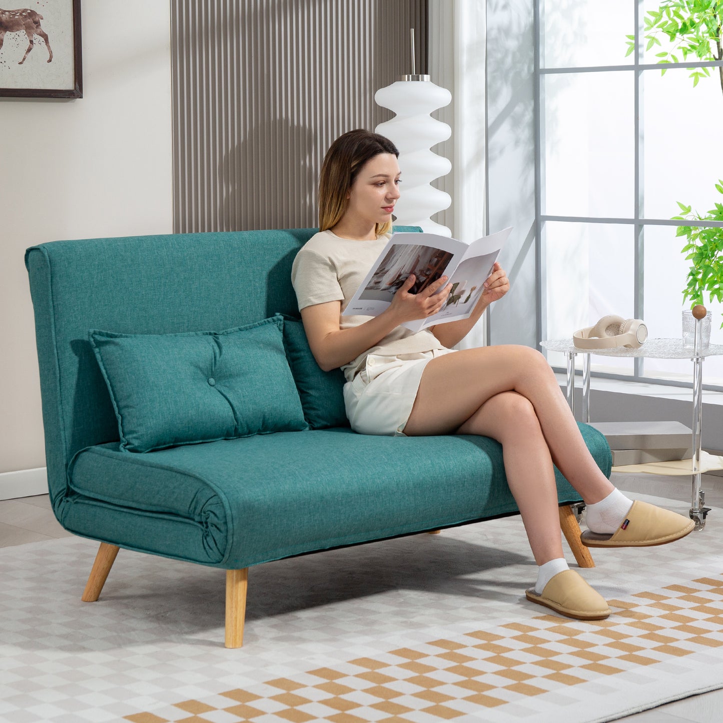 HOMCOM Two Seater Linen Look Sofa Bed Green With Click Clack Mechanism For Guests And Everyday Comfort