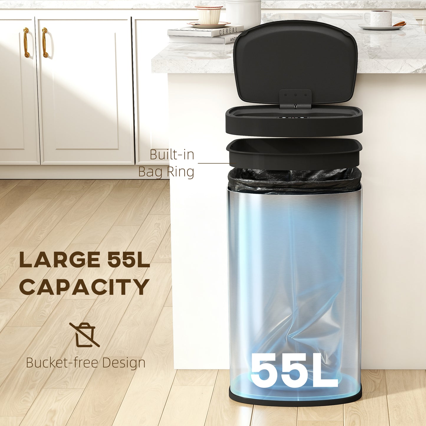 HOMCOM 55L Sensor Trash Can With Soft Close Lid Touchless Motion Stainless Steel Silver