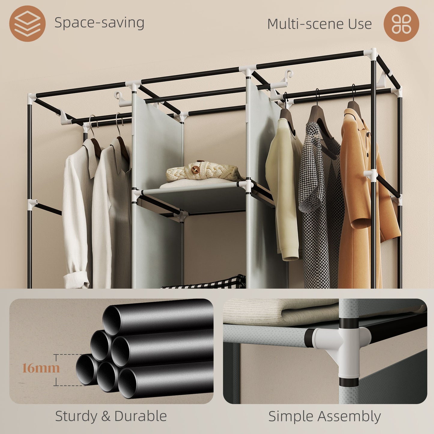 HOMCOM Foldable Fabric Wardrobe For Bedroom Portable Wardrobe 5 Shelves 2 Hanging Rails 3 Fabric Drawers Light Grey