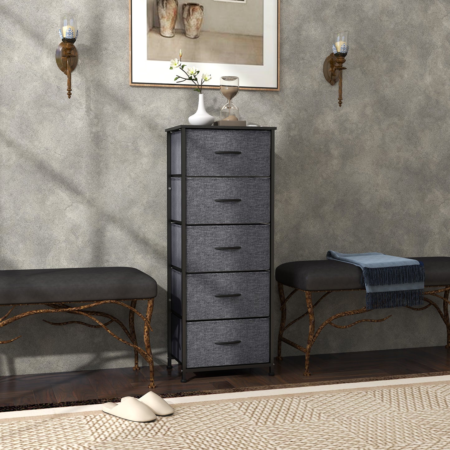 HOMCOM Fabric Chest of Drawers With 5 Fabric Drawers Industrial Steel Frame And Wooden Top Dark Grey