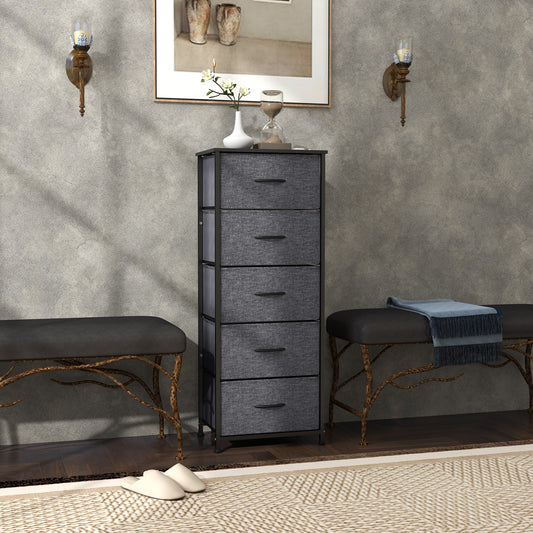 HOMCOM Fabric Chest of Drawers With 5 Fabric Drawers Industrial Steel Frame And Wooden Top Dark Grey