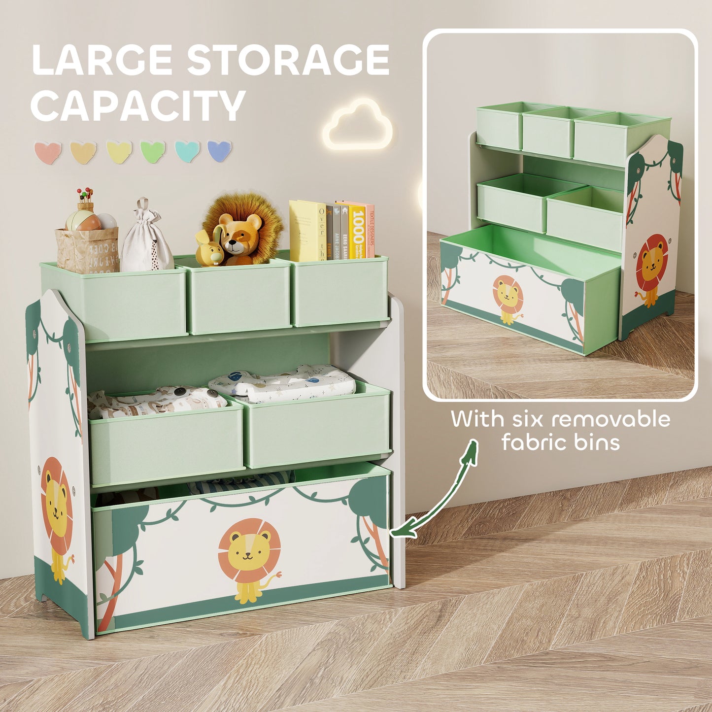 AIYAPLAY 3 Tier Kids Toy Storage Units With Six Removable Boxes Toy Organizer Shelf For Bedroom And Playroom Green